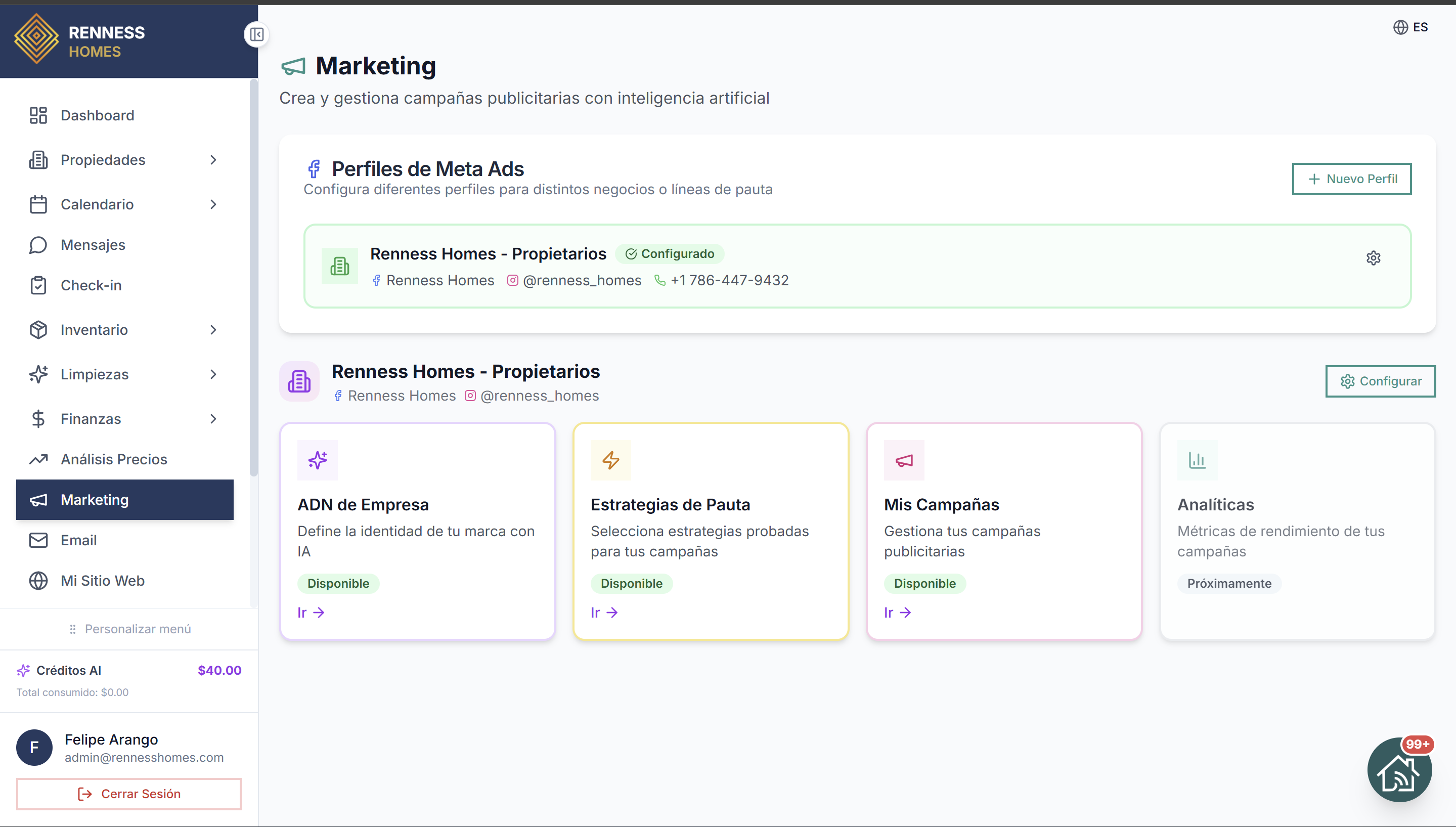 Dashboard de marketing de Renness Host con ADN de marca, campañas y conexión con Facebook e Instagram